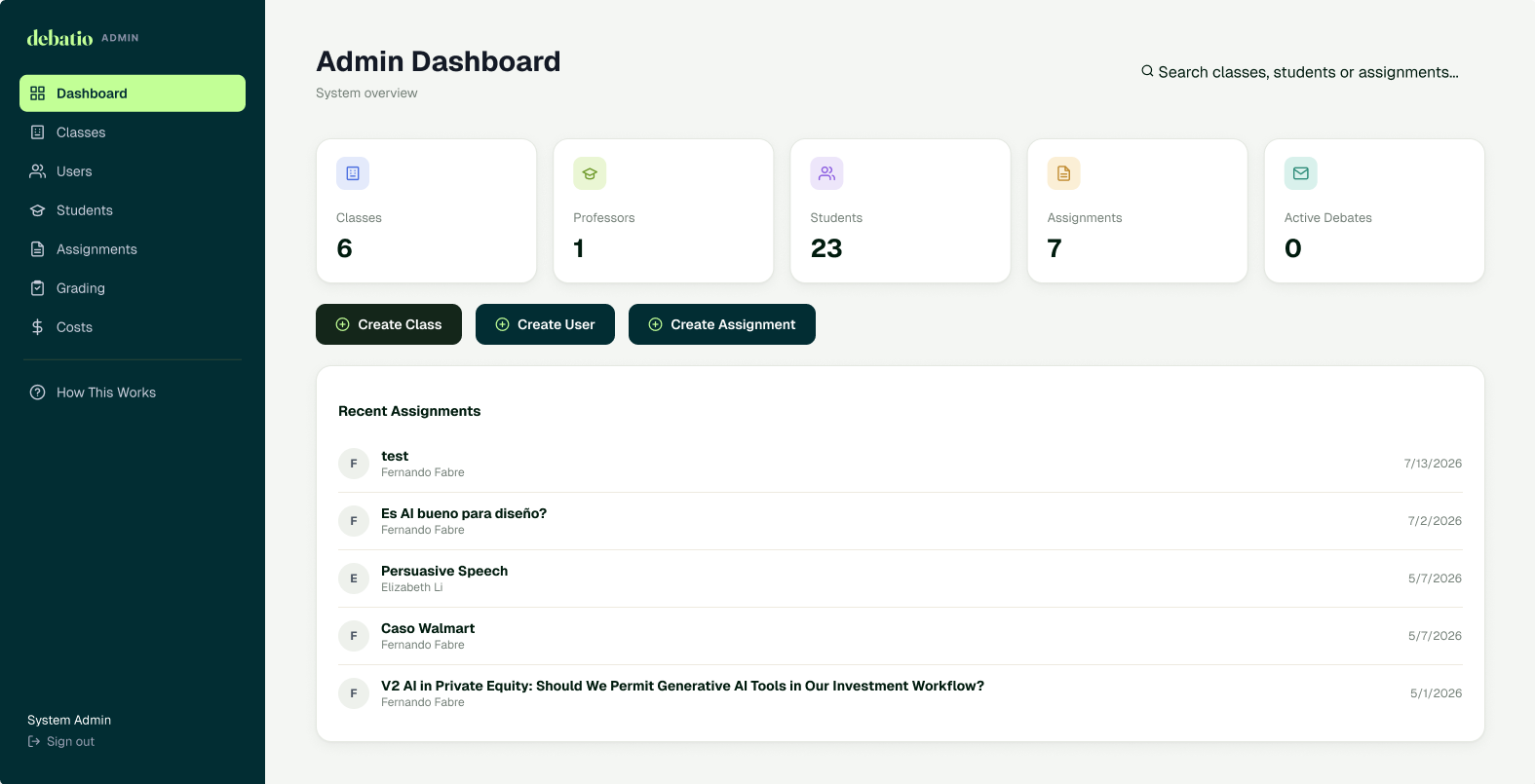 Debatio admin dashboard with classes, instructors, students, and assignments