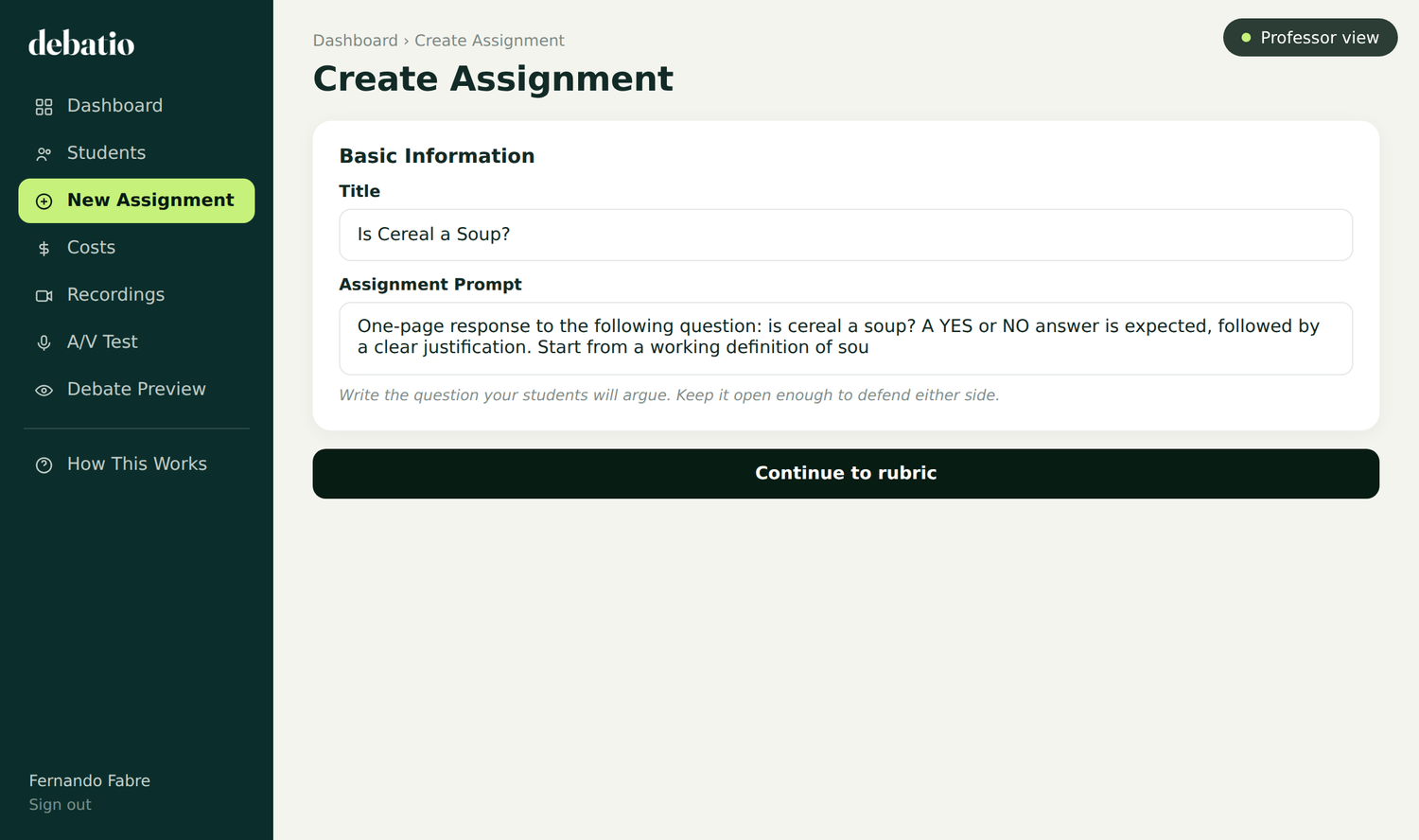 Creating a debate assignment in Debatio