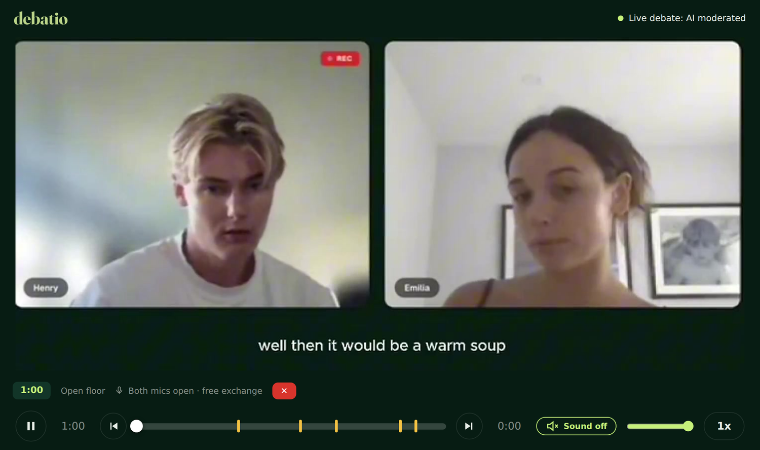The AI moderating a live debate between two students